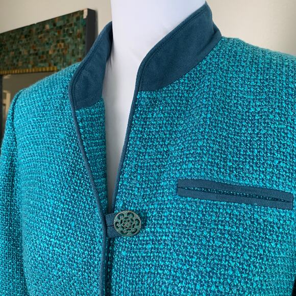 Coldwater Creek Sz 8P Jacket Blazer Teal Blue Tweed Faux Suede Trim Button Front - Picture 7 of 11